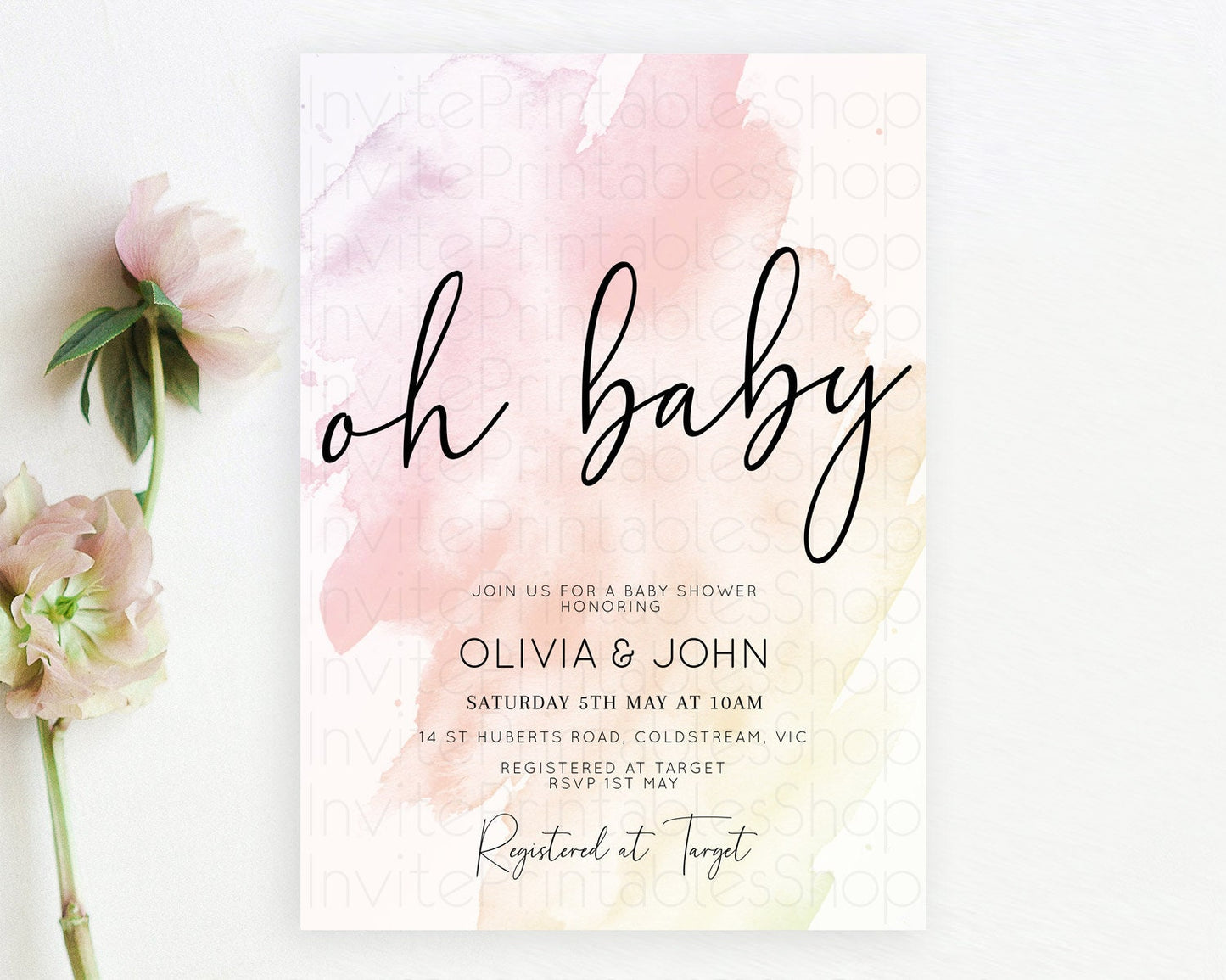 Editable Pink Baby Shower Invitation Pink Watercolor Baby Shower Invitation