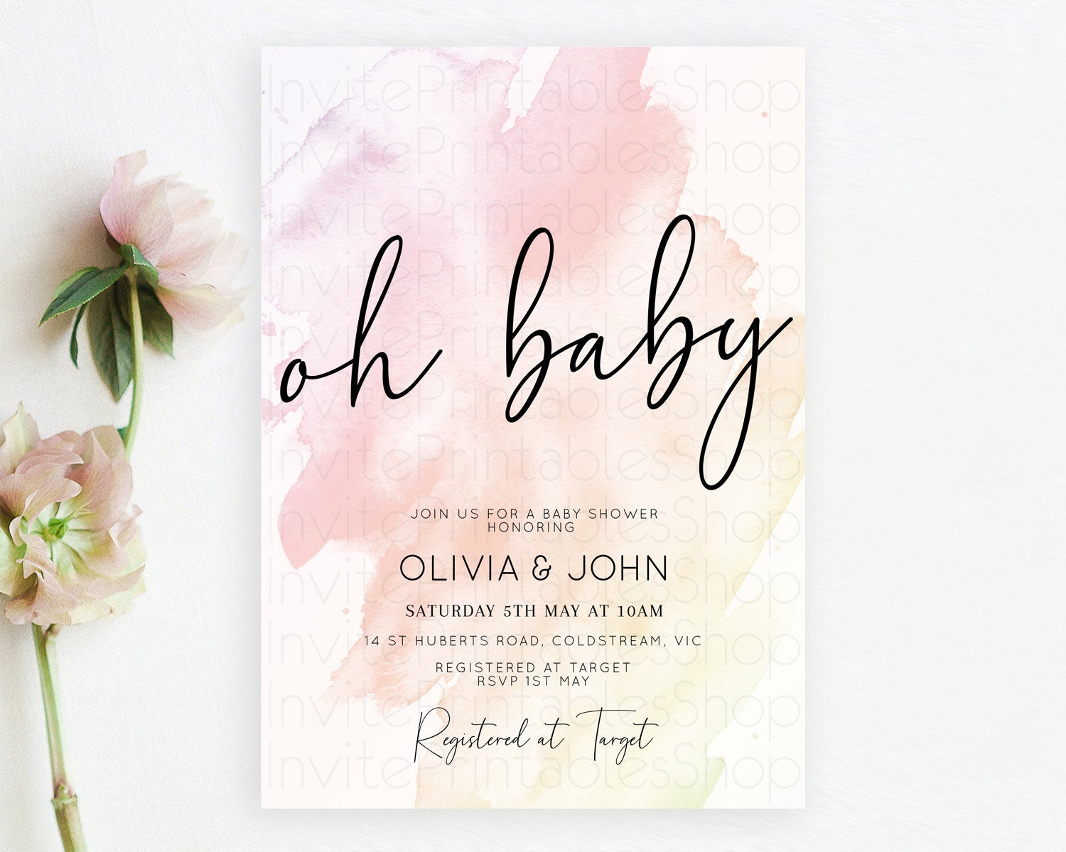 Editable Pink Baby Shower Invitation Pink Watercolor Baby Shower Invitation