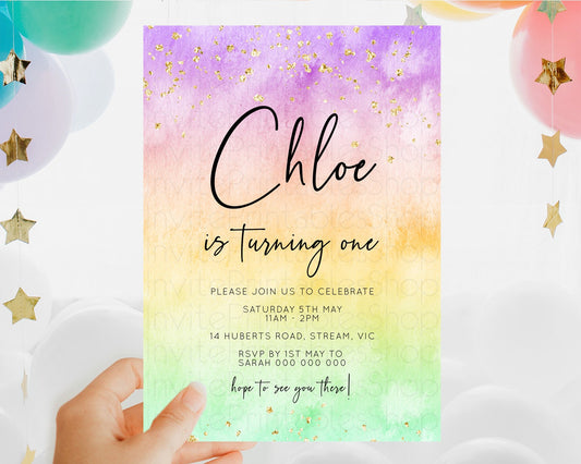 Rainbow Birthday Invitation Colorful Pastel Watercolor Invitation Gold Glitter Sprinkles Ombre Pastel 1st 2nd 3rd Birthday D10514