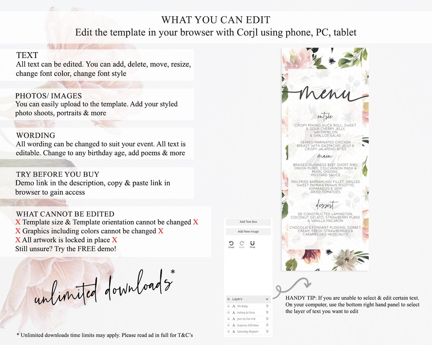 Secret Garden Menu Wildflower Menu Template Pastel Flower Garden Table Decor Boho Floral Dinner Dessert Floral Party Food Menu D10538