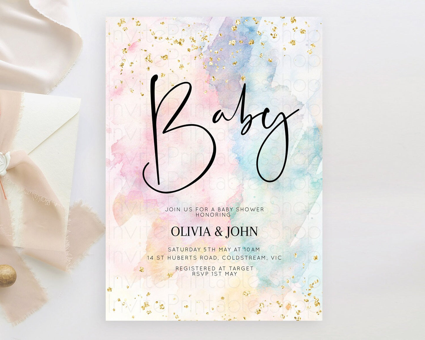 Pastel Rainbow Baby Shower Invitation, Colorful Watercolor, Gold Glitter Sprinkles, Pastel Ombre Splash in Pink, Blue, and Yellow D10263