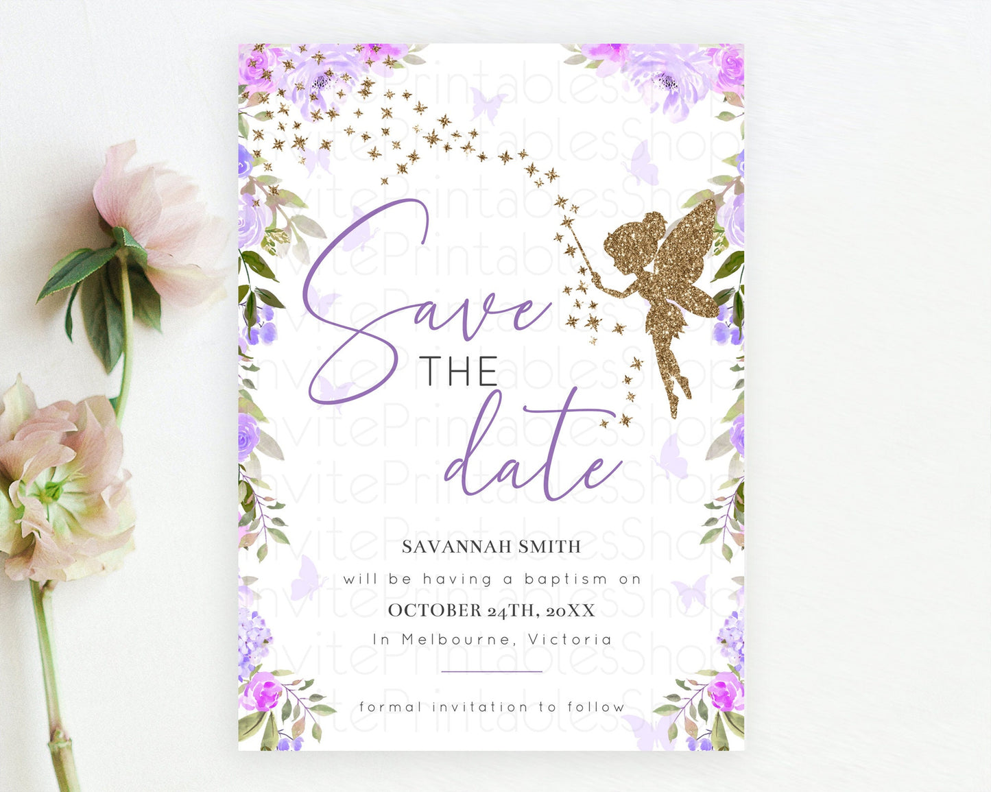 Fairy Save The Date Template Enchanted Garden Pastel Floral Butterfly Party Secret Garden Birthday Baptism Baby Shower Bridal Shower D10910