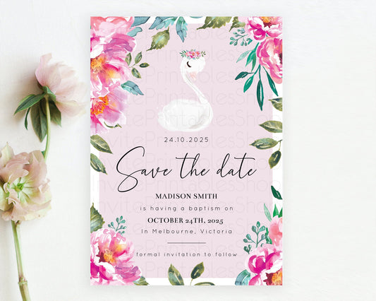 Swan Save The Date Template Swan Princess Ballet Party Enchanted Swan Lake Secret Garden Pastel Floral Birthday Baptism Baby Shower  D10757