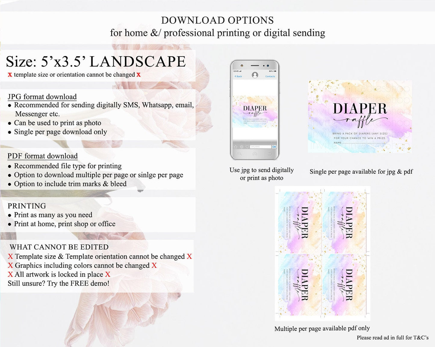 Pastel Diaper Raffle Card Pastel Rainbow Diaper Raffle Insert Colorful Ombre Watercolor Diaper Ticket Confetti Glitter Raffle Game D10175