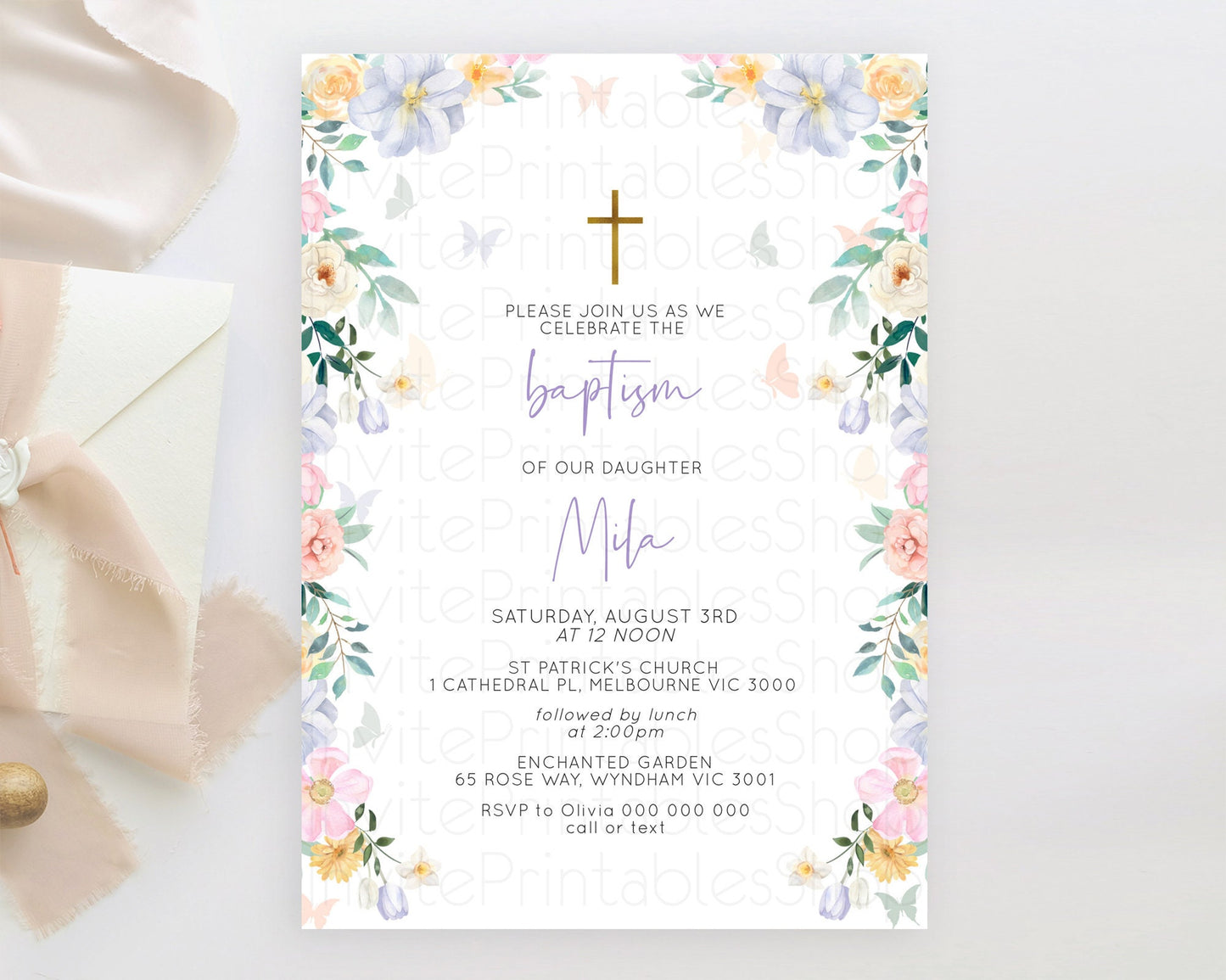 Secret Garden Baptism Invitation Wildflower Baptism Birthday Invite Pastel Flowers Christening Invite Enchanted Garden Boho Floral  D10472