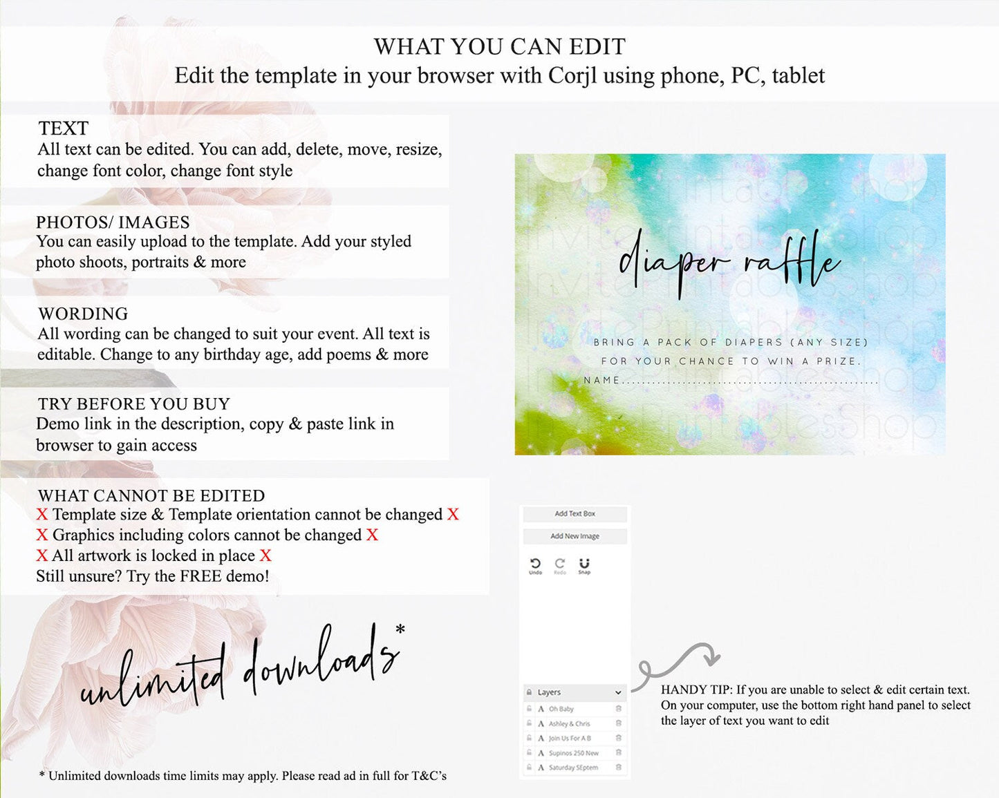 Rainbow Diaper Raffle Card Pastel Diaper Insert Colorful Pastel Watercolor Ombre Diaper Ticket Iridescent Sprinkles Raffle Game D10692