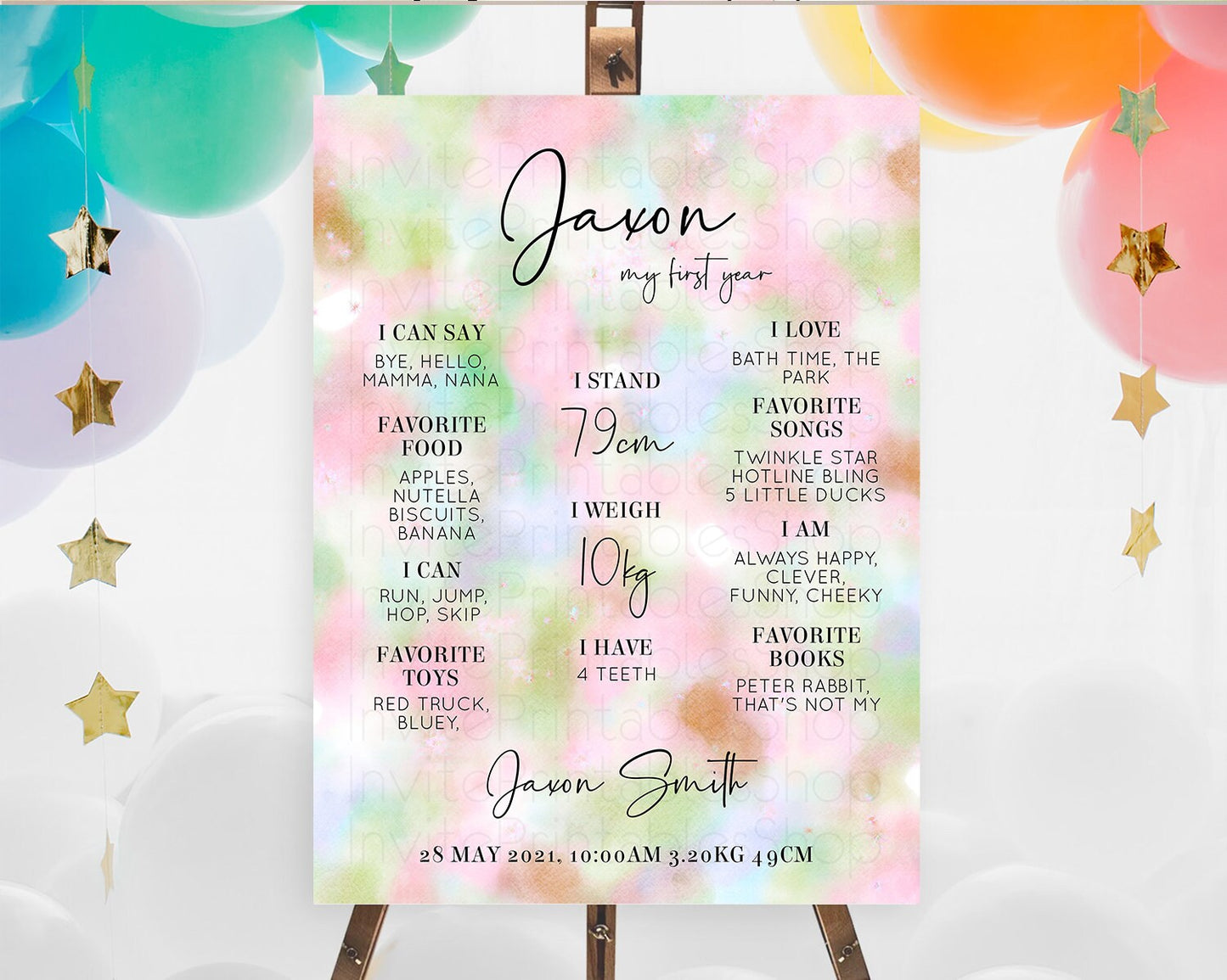 Pastel First Birthday Milestone Board Pastel Rainbow Milestone Poster Colorful Confetti Watercolor Glitter 1st Birthday Welcome Sign D10698