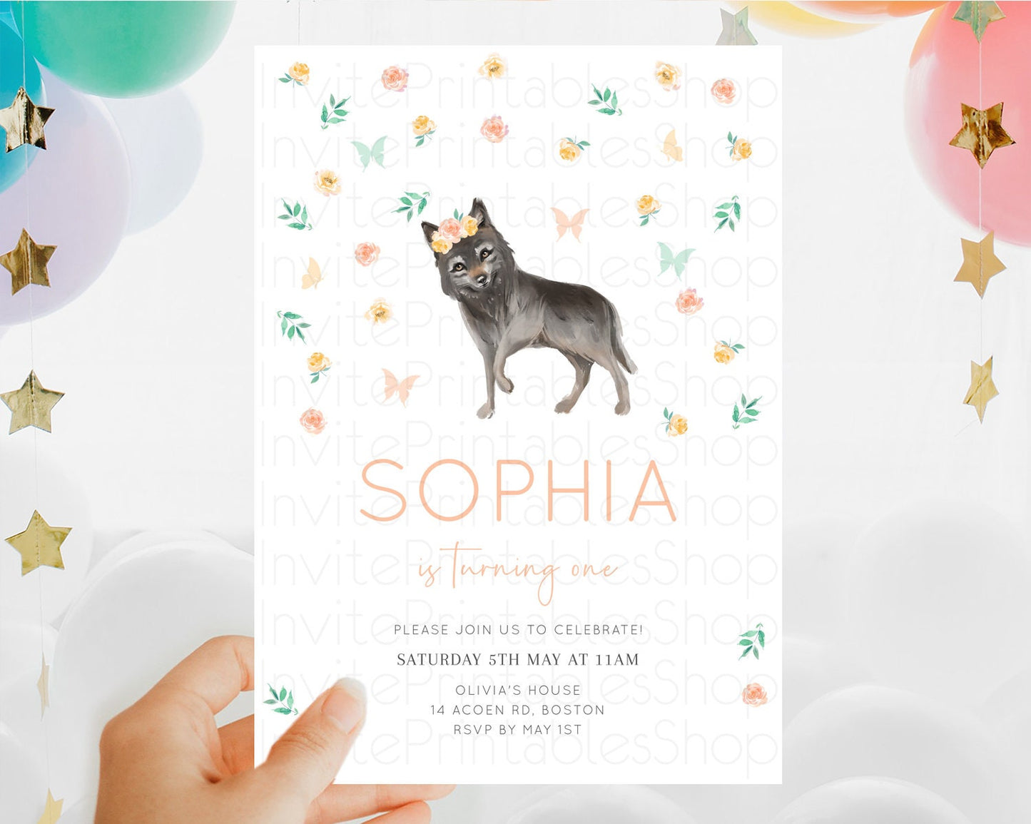 Wolf Birthday Invitation Wolf Invitation Pastel Wolf Birthday Enchanted Forest Woods Wolf Floral Invitation Howling Birthday Party D10362