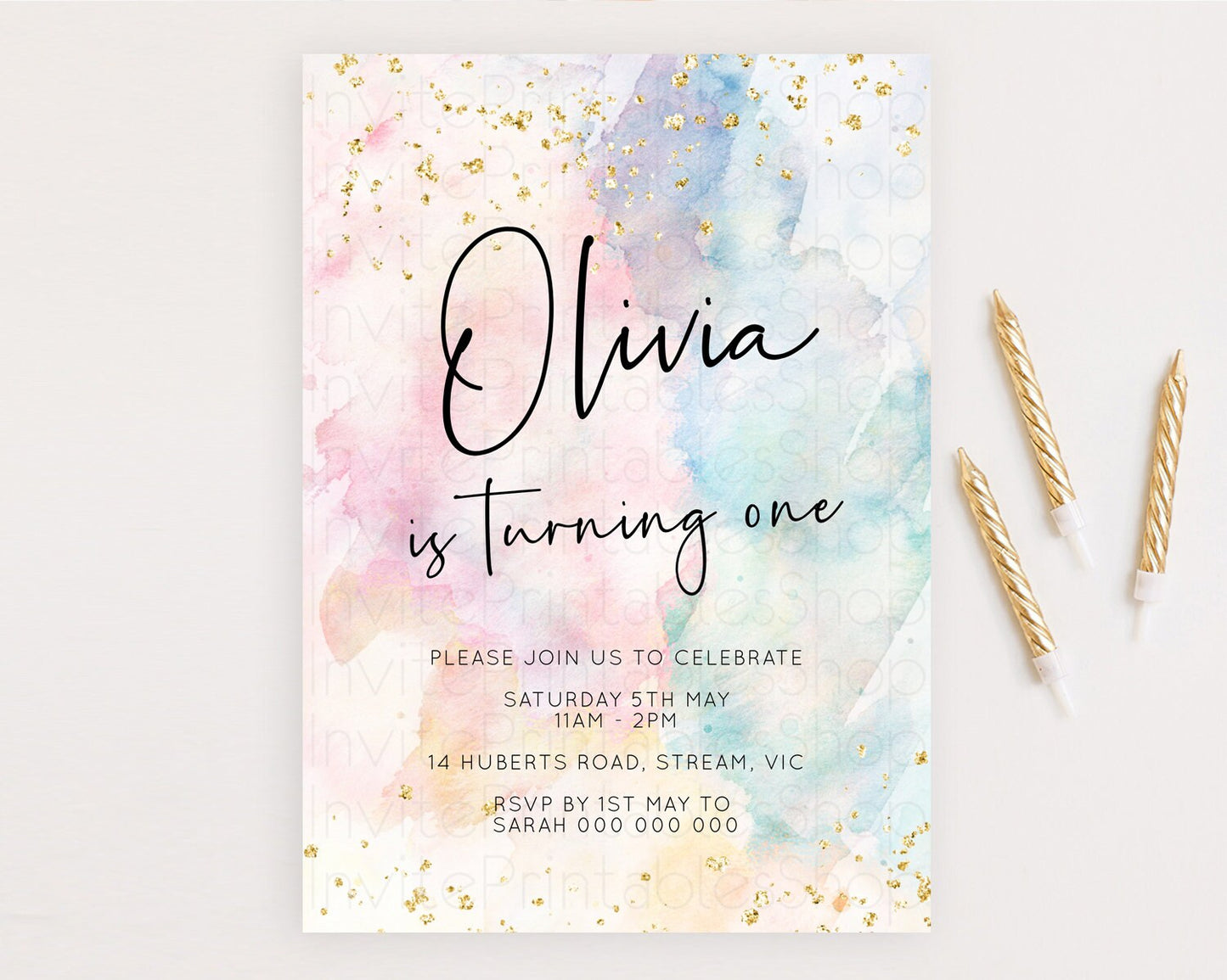 Rainbow Birthday Invitation Colorful Pastel Watercolor Invitation Gold Glitter Sprinkles Ombre Pastel 1st 2nd 3rd Birthday D10263
