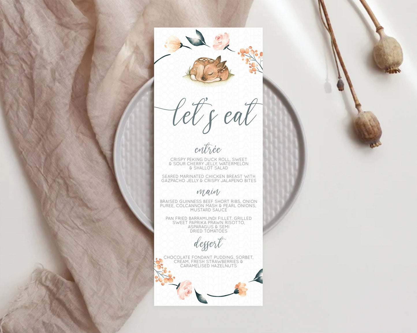 Fawn Menu Deer Menu Template Pastel Floral Deer Table Decor Enchanted Forest Butterfly Floral Dinner Dessert Menu Party Food Menu D10790