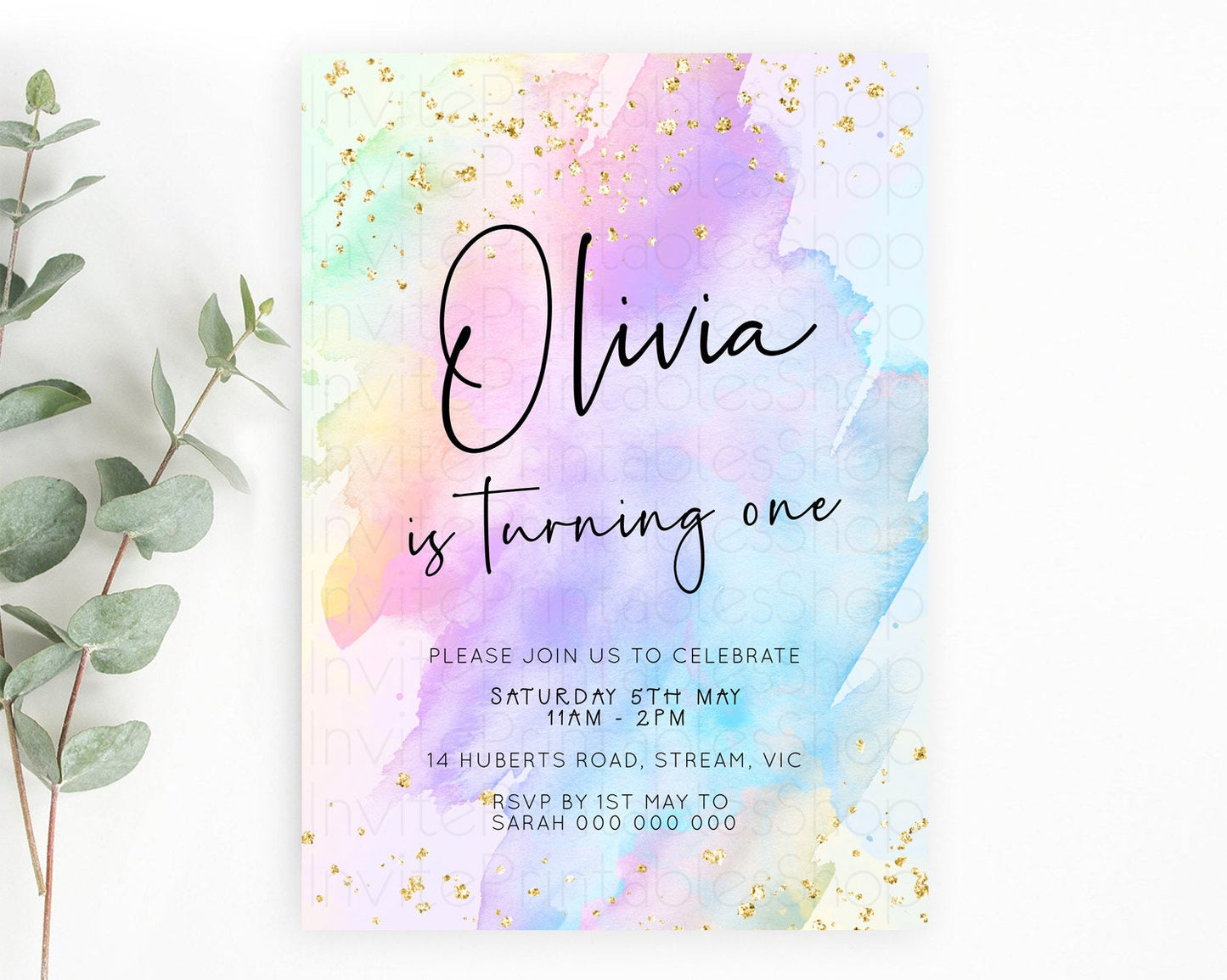 Pastel Birthday Invitation Ombre Watercolor Birthday Invitation Glitter Rainbow Color Splash 1st 2nd 3rd Birthday Invitation D23064