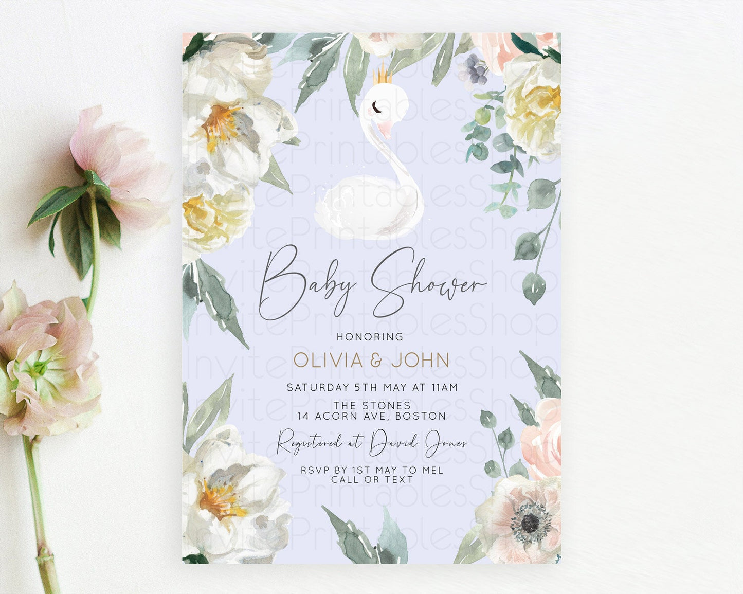 Swan Baby Shower Invitation Swan Princess Ballet Invitation Enchanted Forest Swan Lake Baby Shower Watercolour Pastel Floral D10756