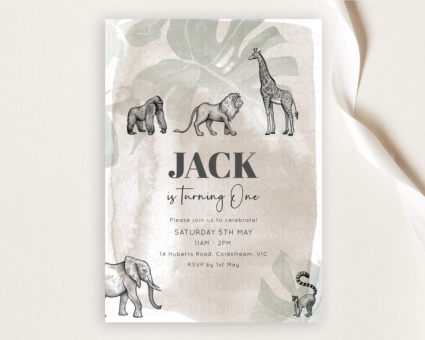 Safari Birthday Invitation Lion Gorilla Elephant Rhino Tropical Palm Jungle Safari Adventure Zoo Party Animal 2nd 1st First Birthday D10822