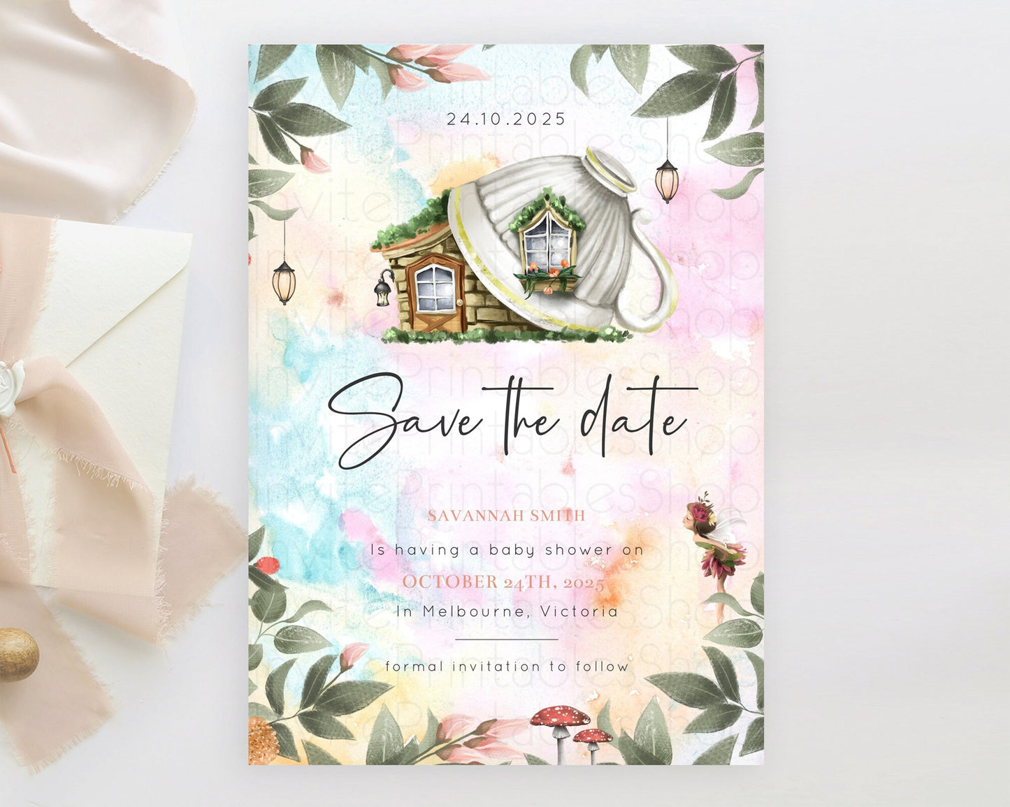 Fairy Save The Date Template Enchanted Garden Pastel Floral Butterfly Party Secret Garden Birthday Baptism Baby Shower Bridal Shower D10555