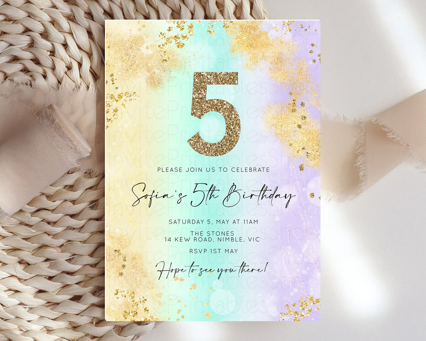 Rainbow Birthday Invitation Pastel Birthday Invite Ombre Watercolor Invite Enchanted Theme Colorful Splash Glitter Sprinkles 1st 2nd 3rd