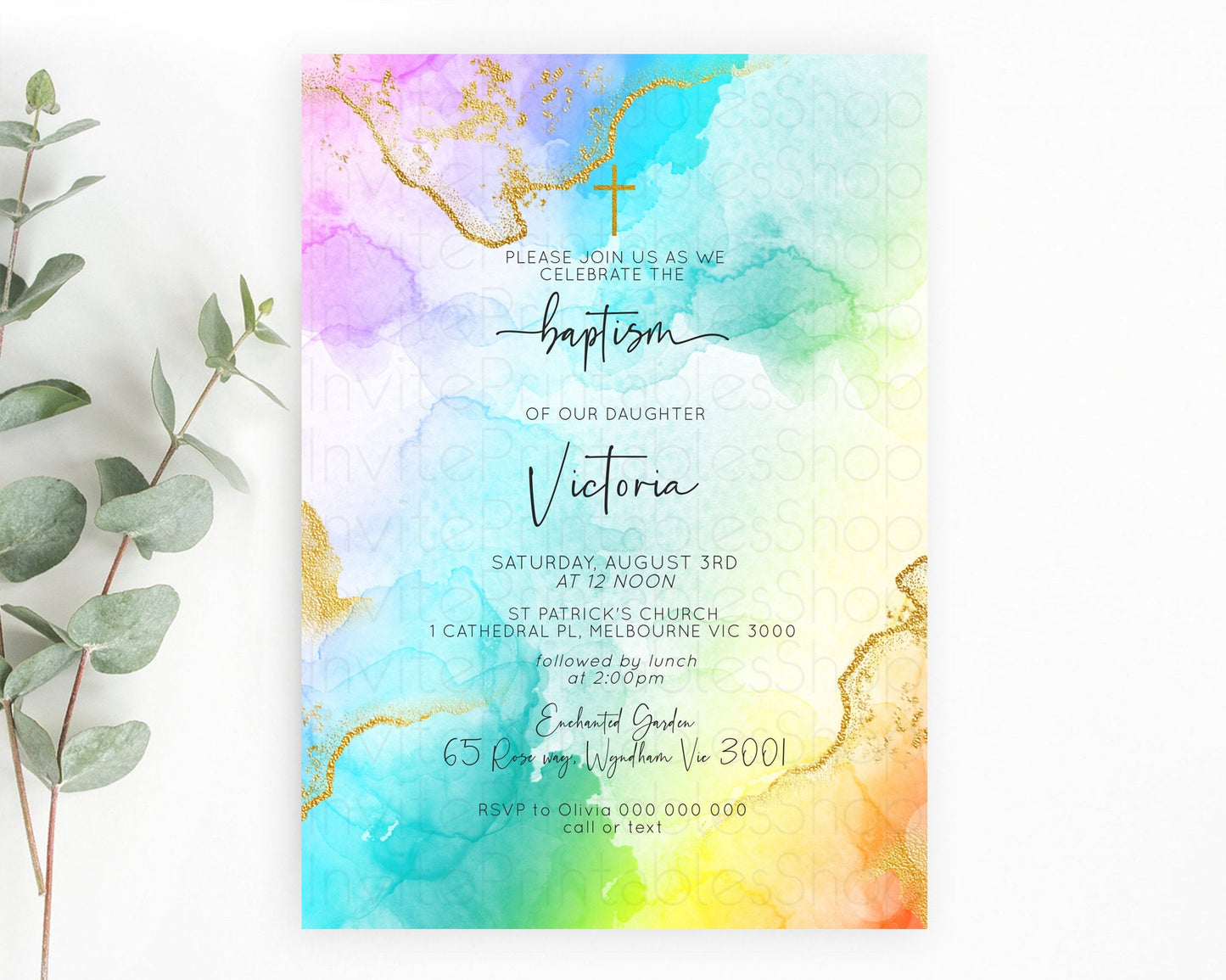 Pastel Baptism Invitation Pastel Colors Watercolor Baptism 1st Birthday Party Gold Ombre Pastel Rainbow Christening Holy Communion D10390