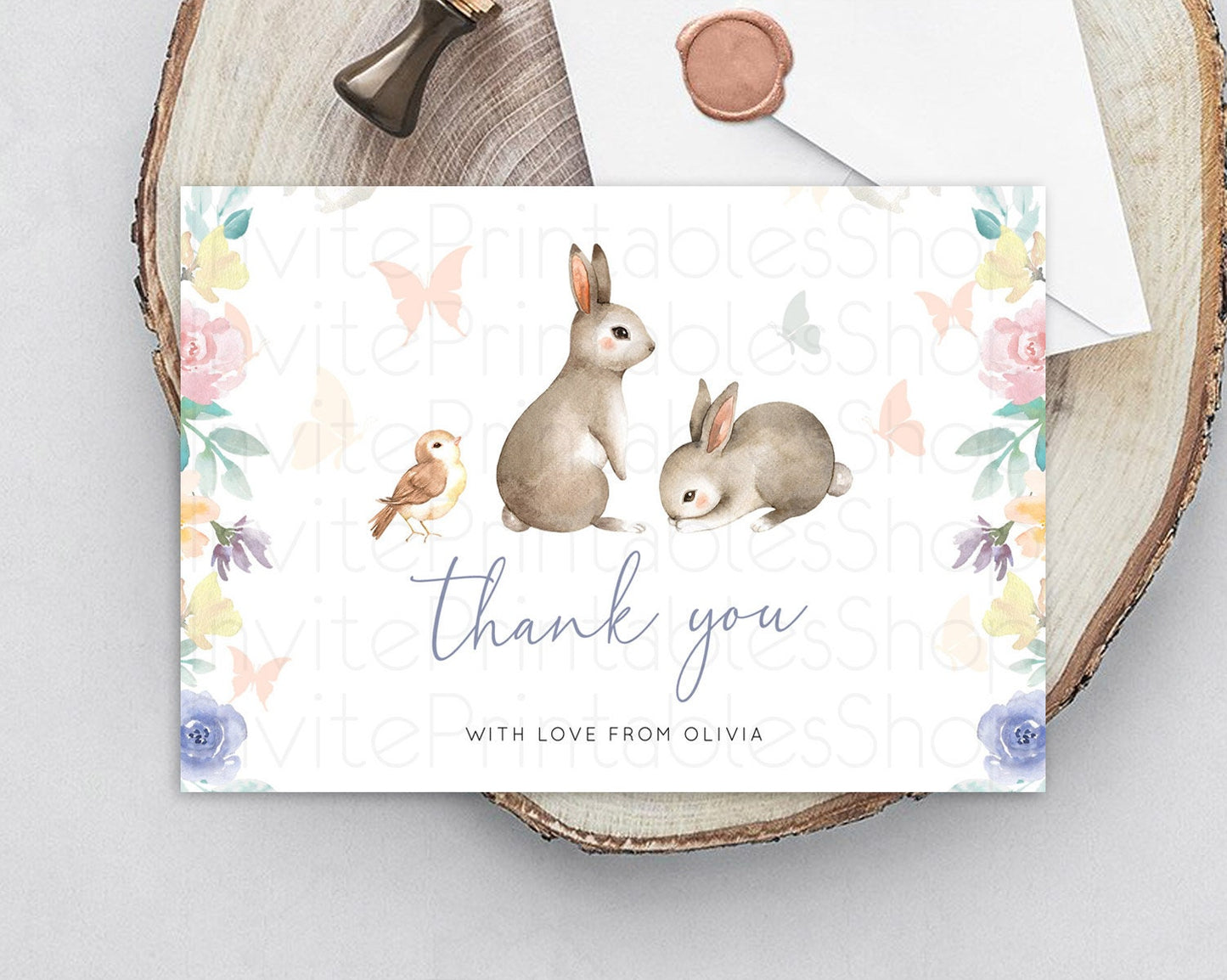 Bunny Thank You Floral Bunny Thank You Card Pastel Flowers Bunny Birthday Thank You Card Secret Garden Bunny Teacher Thank You Cards D10928