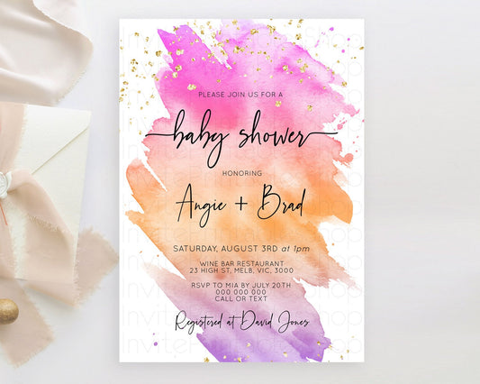 Pastel Baby Shower Invitation Rainbow Baby Shower Invitation Colorful Pastel Watercolor Invitation Gold Glitter Sprinkles Ombre D10488