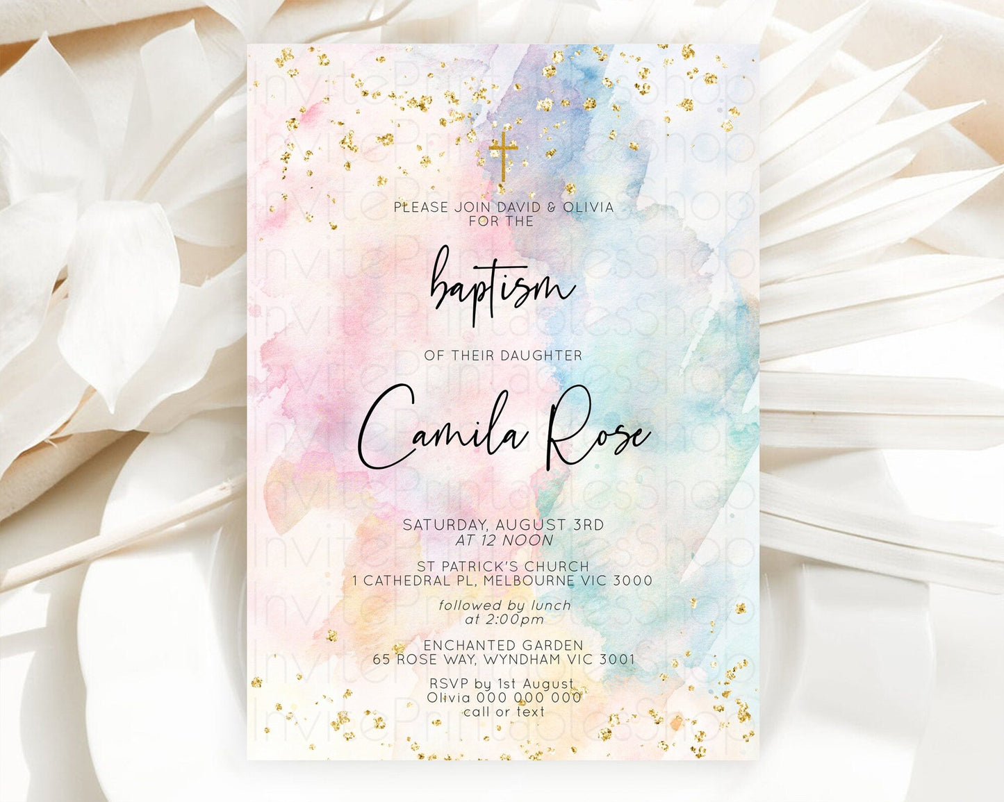Pastel Baptism Invitation Pastel Colors Watercolor Baptism 1st Birthday Party Gold Ombre Pastel Rainbow Christening Holy Communion D10276