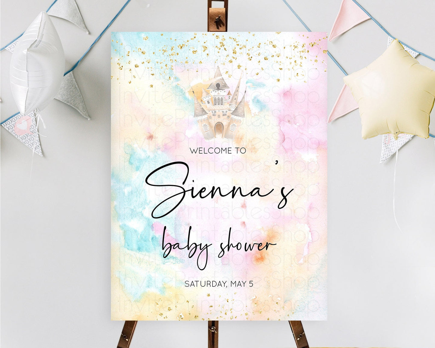 Princess Baby Shower Welcome Sign Pastel Princess Welcome Board Pastel Rainbow Colorful Enchanted Castle Watercolor Welcome Sign D11029