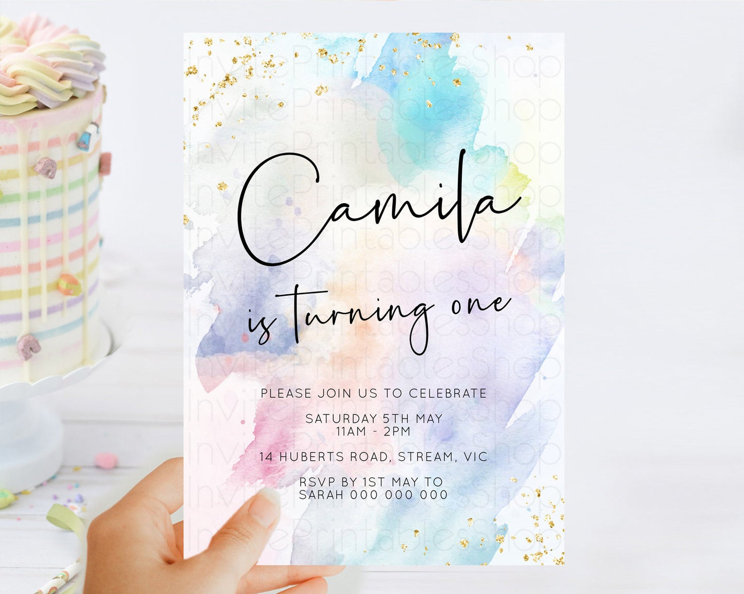 Rainbow Birthday Invitation Colorful Pastel Watercolor Invitation Gold Glitter Sprinkles Ombre Pastel 1st 2nd 3rd Birthday D10422