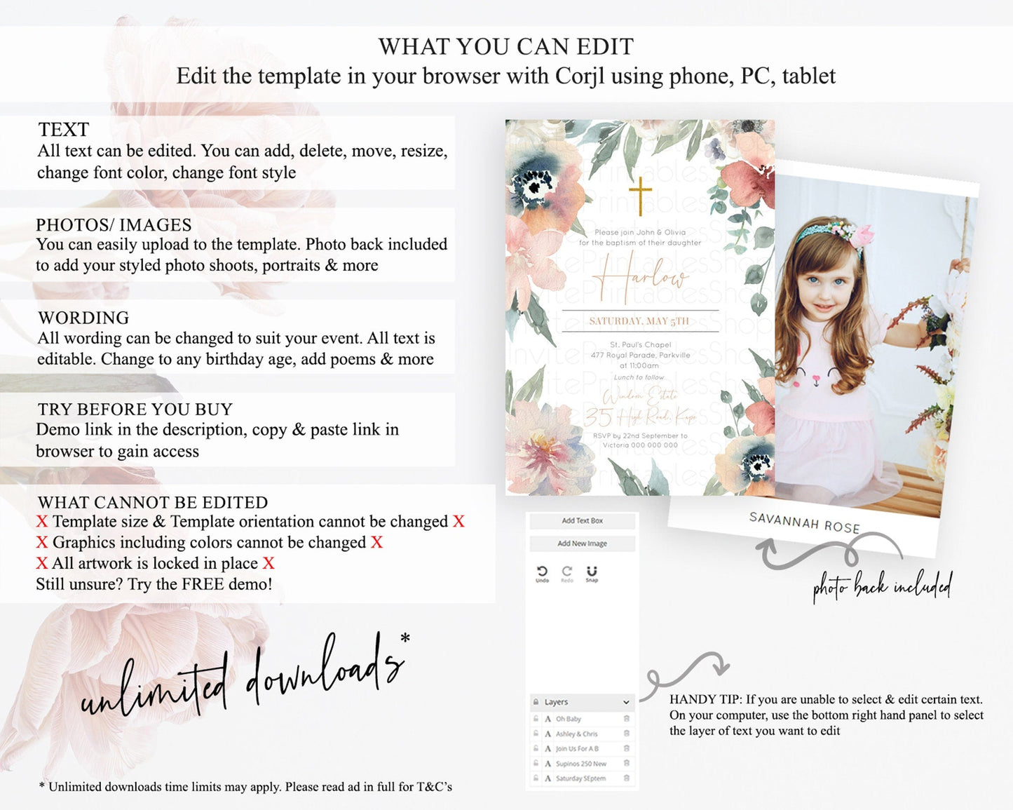 Secret Garden Baptism Invitation Wildflower Baptism Birthday Invite Pastel Flowers Christening Invite Enchanted Garden Boho Floral D10787