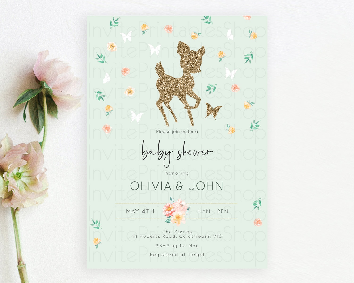Editable Fawn Baby Shower Invitation, Enchanted Forest Theme Glitter Deer, B