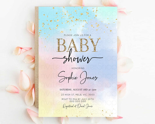 Pastel Baby Shower Invitation Rainbow Baby Shower Invitation Colorful Pastel Watercolor Invitation Gold Glitter Sprinkles Ombre D10368