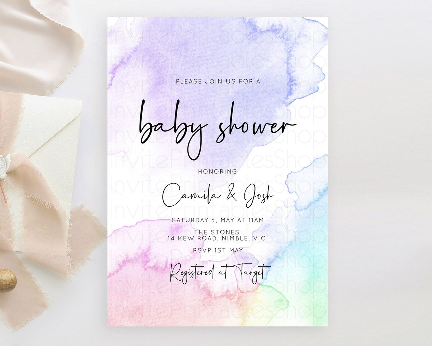 Pastel Baby Shower Invitation Rainbow Baby Shower Invitation Colorful Pastel Watercolor Invitation Gold Glitter Sprinkles Ombre D10215
