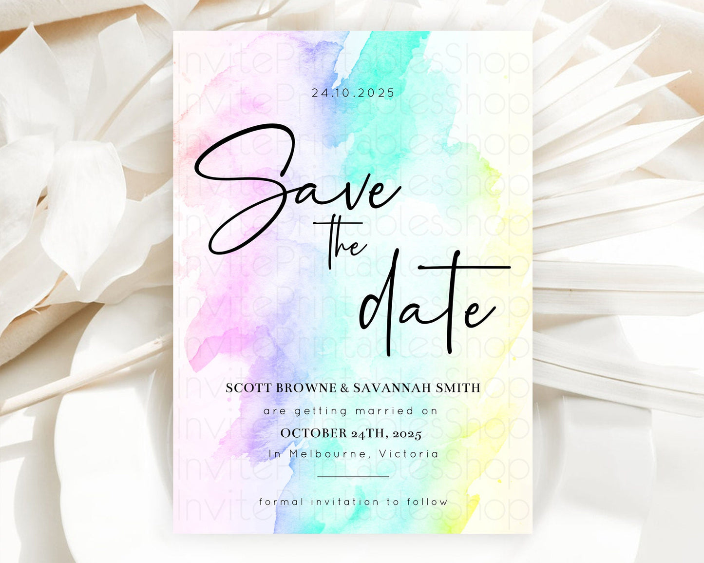 Pastel Save The Date Template Pastel Ombre Rainbow Watercolor Colorful Party For Birthday Baptism Baby Shower Wedding Bridal Shower D10231