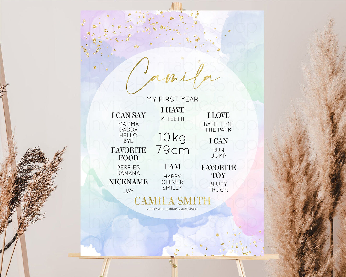 Pastel First Birthday Milestone Board Pastel Rainbow Milestone Poster Watercolor Glitter One Year Poster Colorful Splash Baby 1st Year 599v2