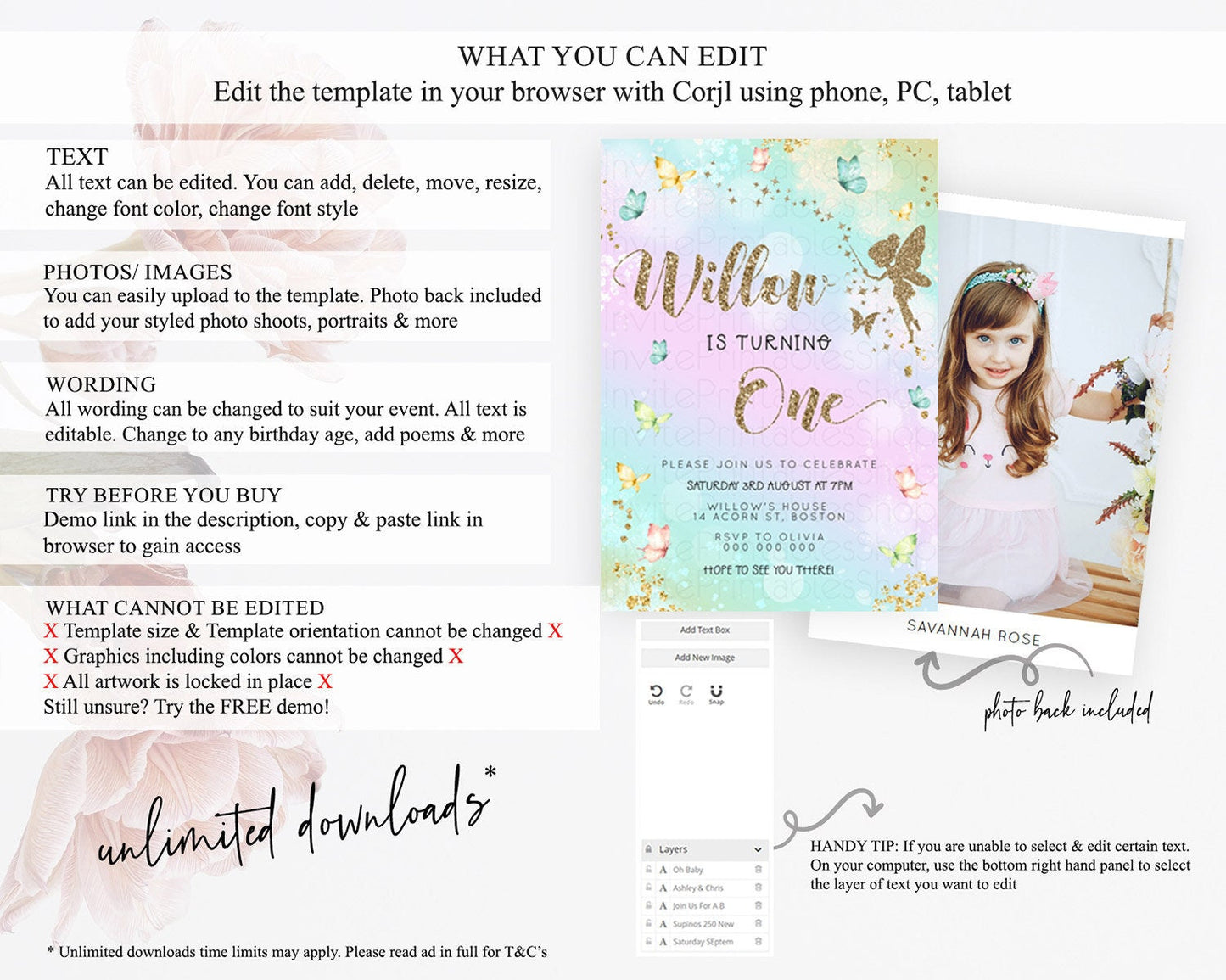 Pastel Fairy Birthday Invitation Pastel Butterflies Fairy Birthday Invitation Rainbow Ombre Watercolor 1st 2nd Birthday Invitation D23162