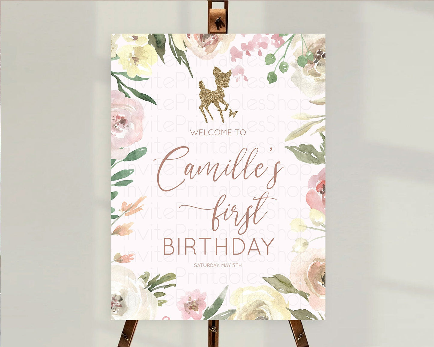 Fawn Welcome Sign Deer Welcome Board Floral Deer Welcome Poster Enchanted Forest Butterfly Pastel Floral First Birthday Welcome Sign D10193