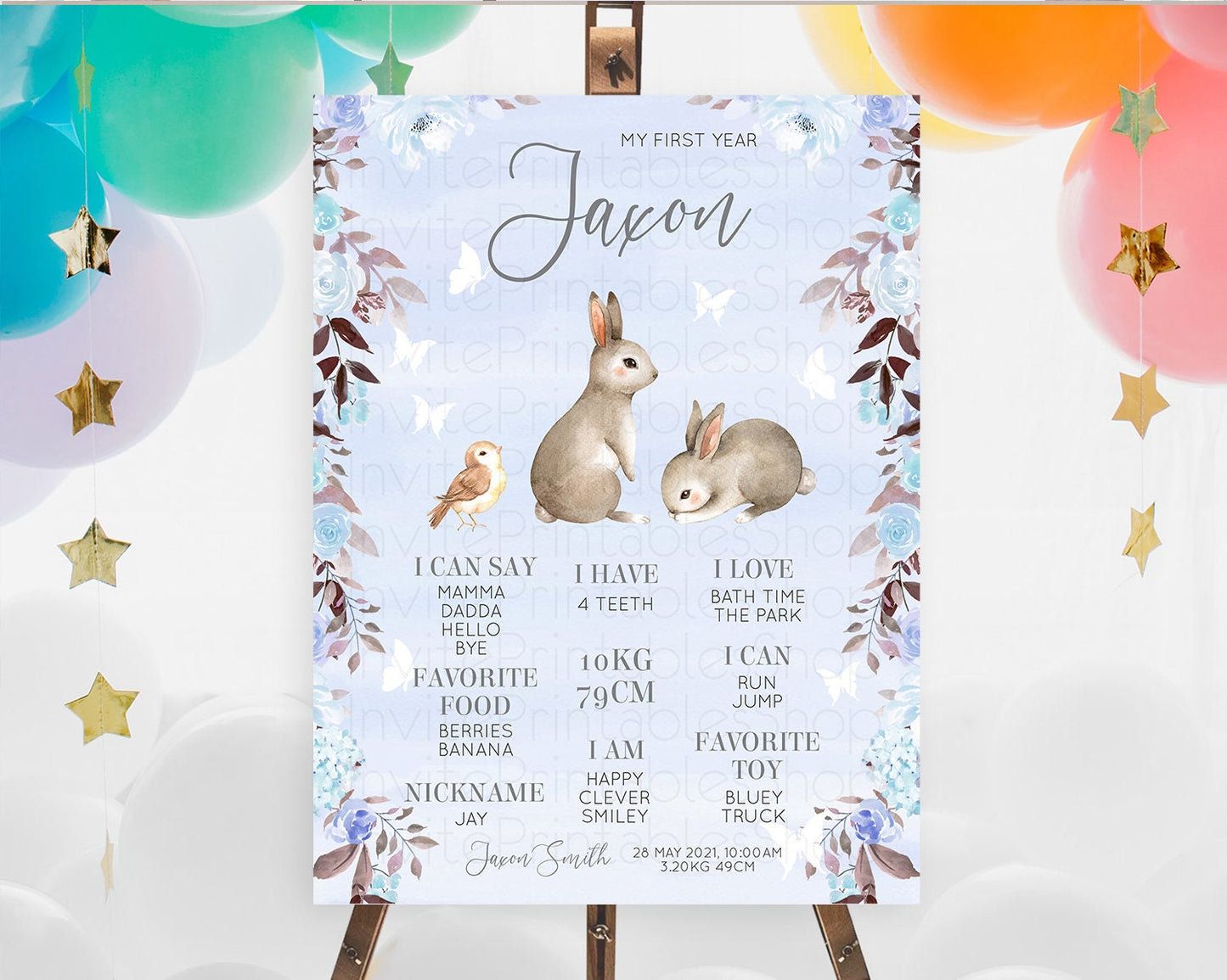 Bunny First Birthday Milestone Board Floral Bunny Milestone Poster Pastel Flowers Woodland Bunny Milestone 1st Birthday Welcome Sign D10923