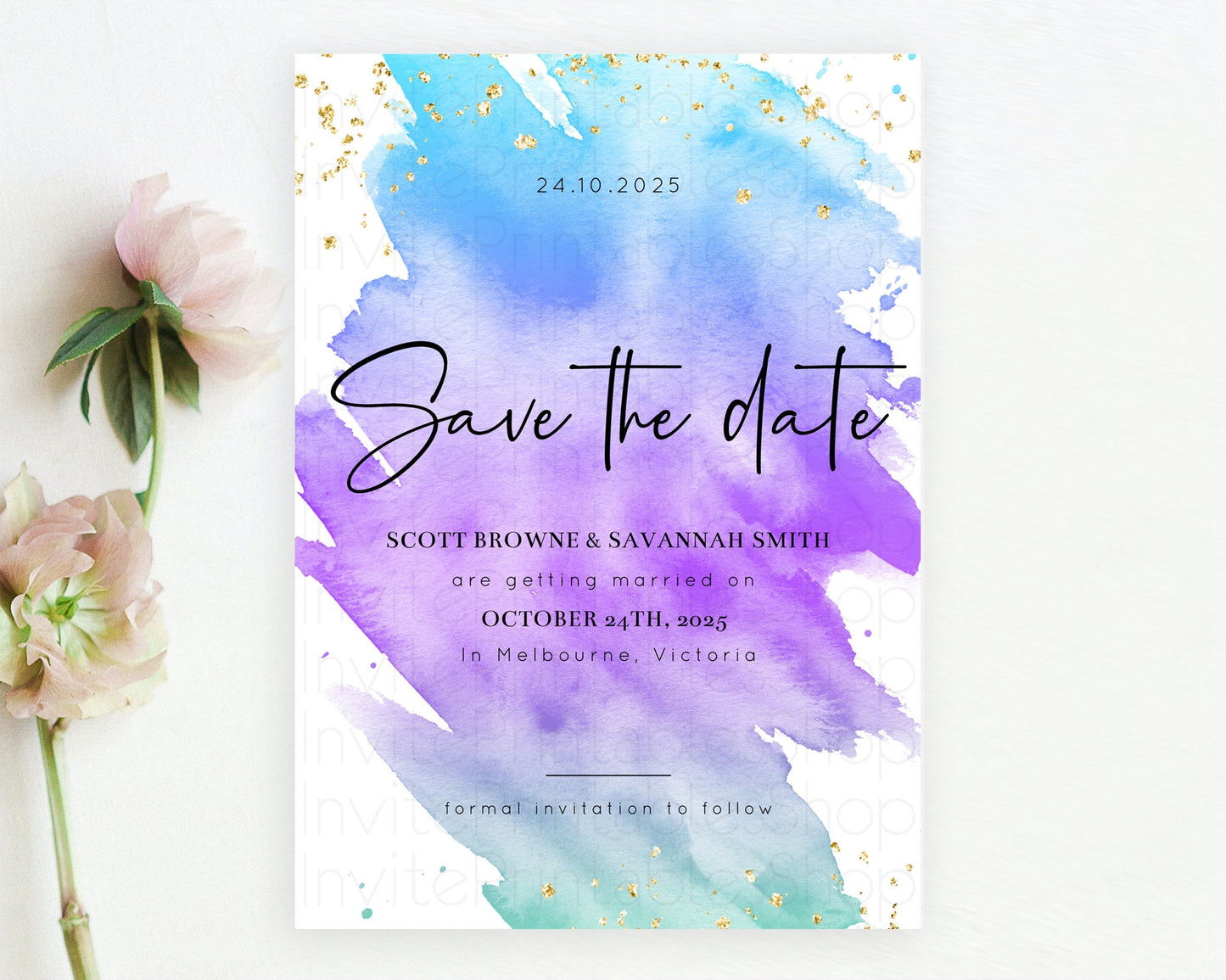 Pastel Save The Date Template Pastel Ombre Rainbow Watercolor Colorful Party For Birthday Baptism Baby Shower Wedding Bridal Shower D10491