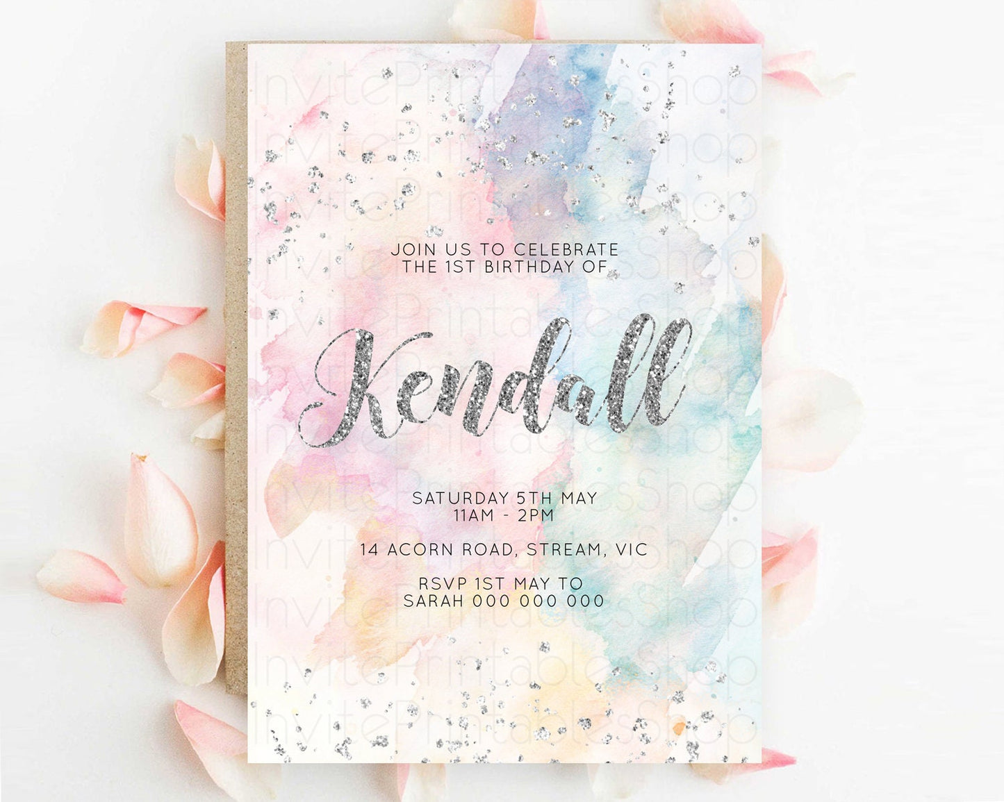 Rainbow Birthday Invitation Colorful Pastel Watercolor Silver Glitter Sprinkles Ombre Pastel Invitation 1st 2nd 3rd First Birthday D10944