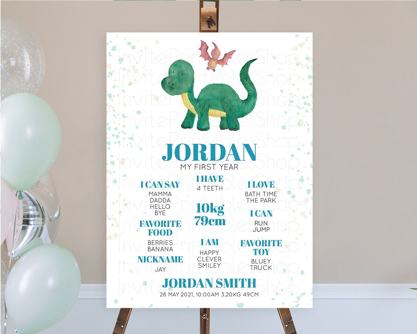 Dinosaur First Birthday Milestone Board Dinosaur Volcano Milestone Poster Watercolor Volcano T-Rex Raptor Jurassic 1st Birthday Sign D10153