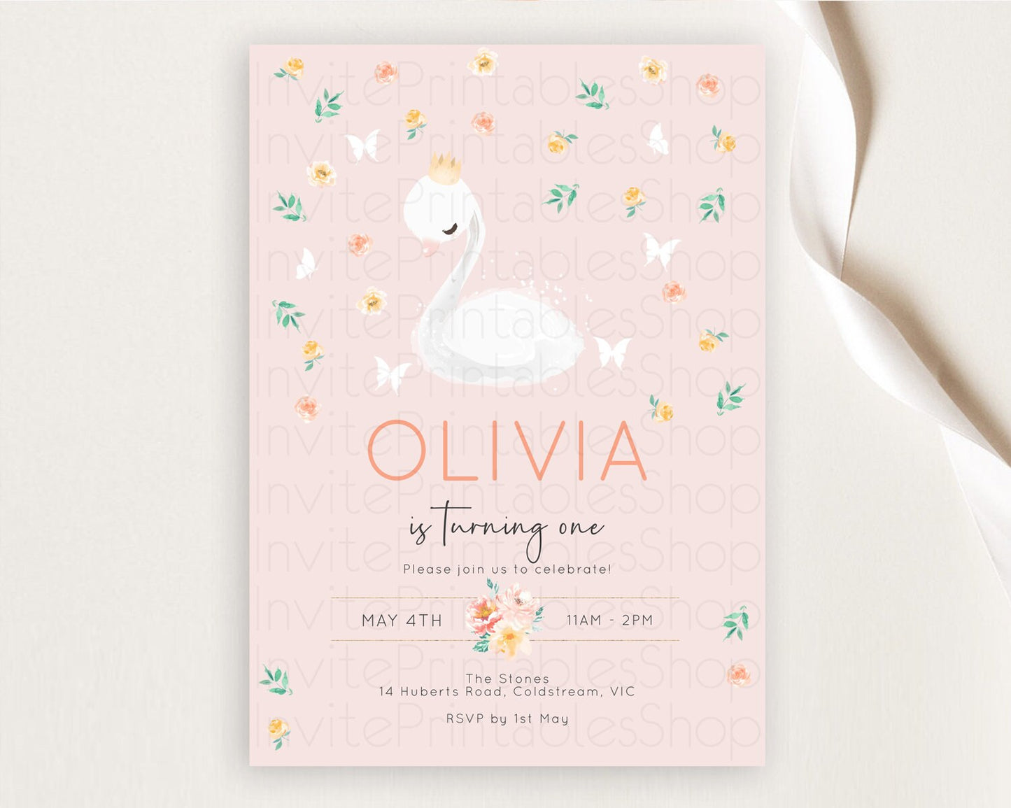 Swan Birthday Invitation Swan Princess Ballet Invitation Enchanted Forest Swan Lake Party Secret Garden Watercolour Pastel Floral D10388