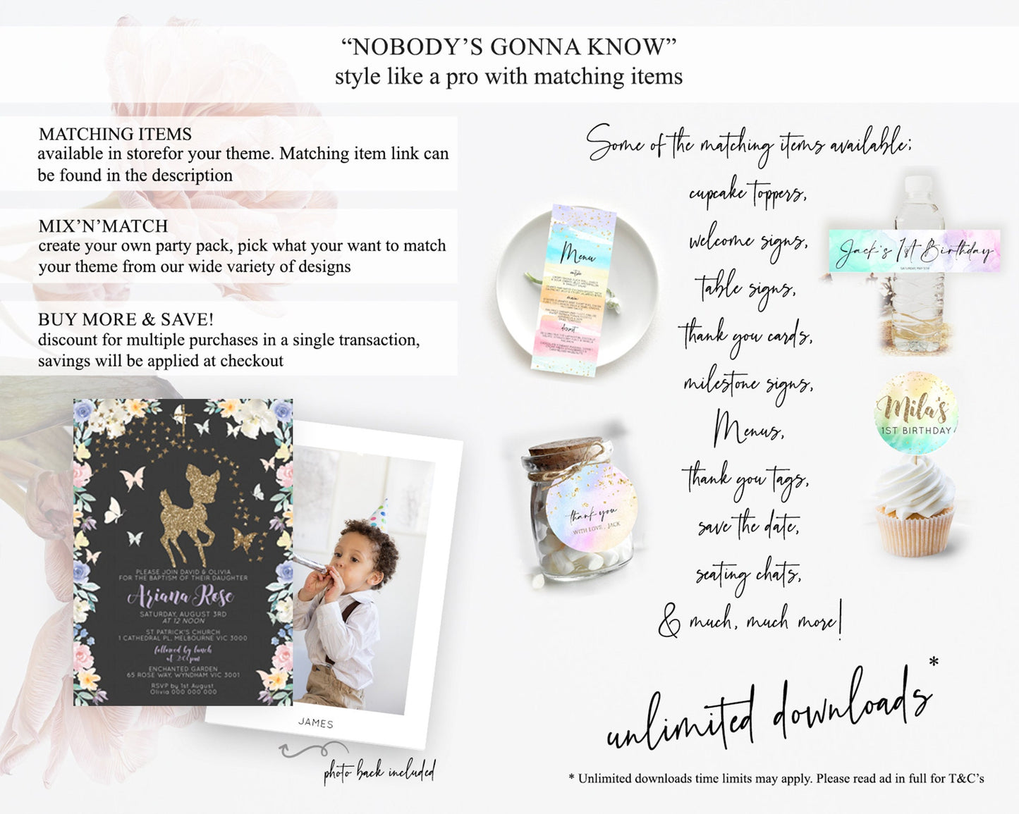 Fawn Baptism Invitation Deer Baptism 1st Birthday Invitation Enchanted Forest Christening Invitation Pastel Garden Butterfly Floral D10880