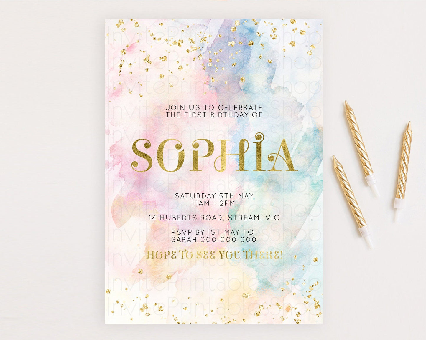 Rainbow Birthday Invitation Colorful Pastel Watercolor Invitation Gold Glitter Sprinkles Ombre Pastel 1st 2nd 3rd Birthday D10835