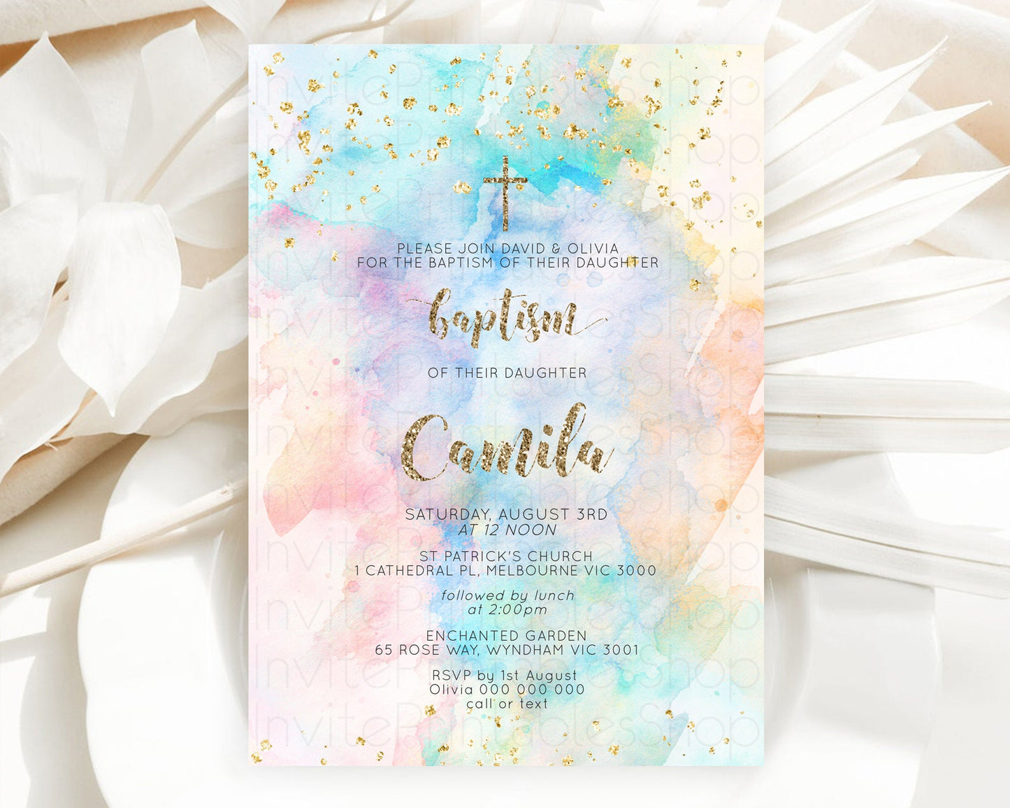 Pastel Baptism Invitation Pastel Colors Watercolor Baptism 1st Birthday Party Gold Ombre Pastel Rainbow Christening Holy Communion D10261