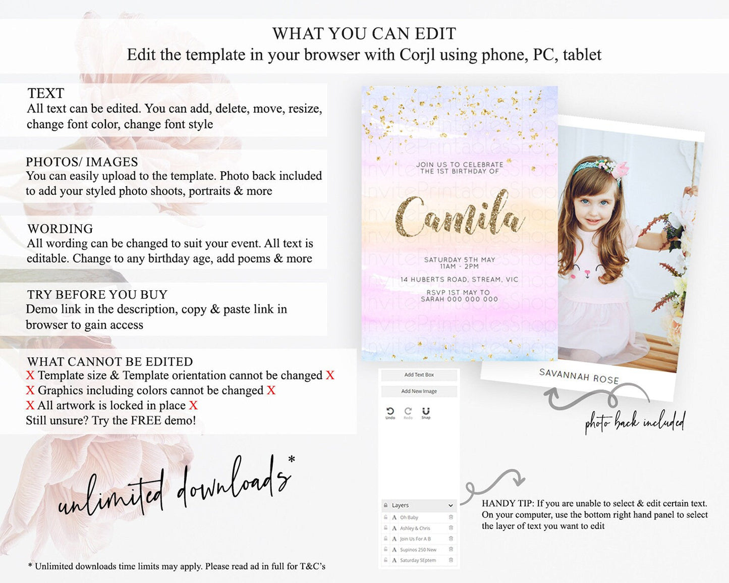 Rainbow Birthday Invitation Colorful Pastel Watercolor Invitation Gold Glitter Sprinkles Ombre Pastel 1st 2nd 3rd Birthday D10595