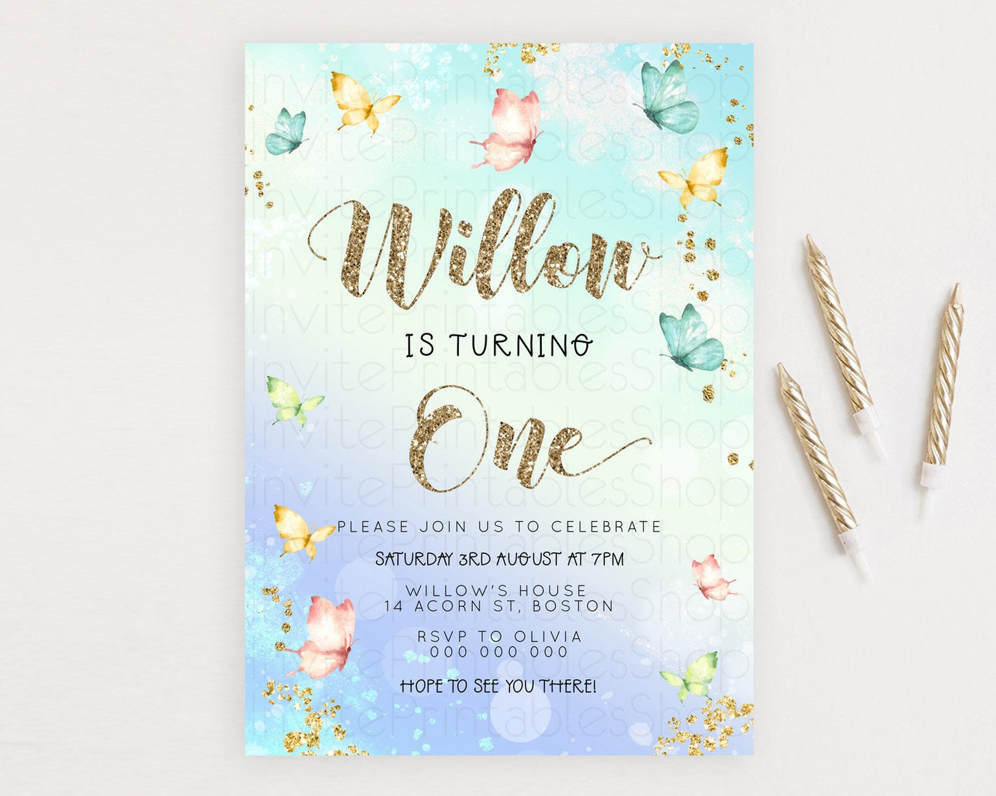 Pastel Butterfly Birthday Invitation Butterfly Birthday Invitation Colorful Splash Glitter Butterfly Garden 1st 2nd Birthday D23081
