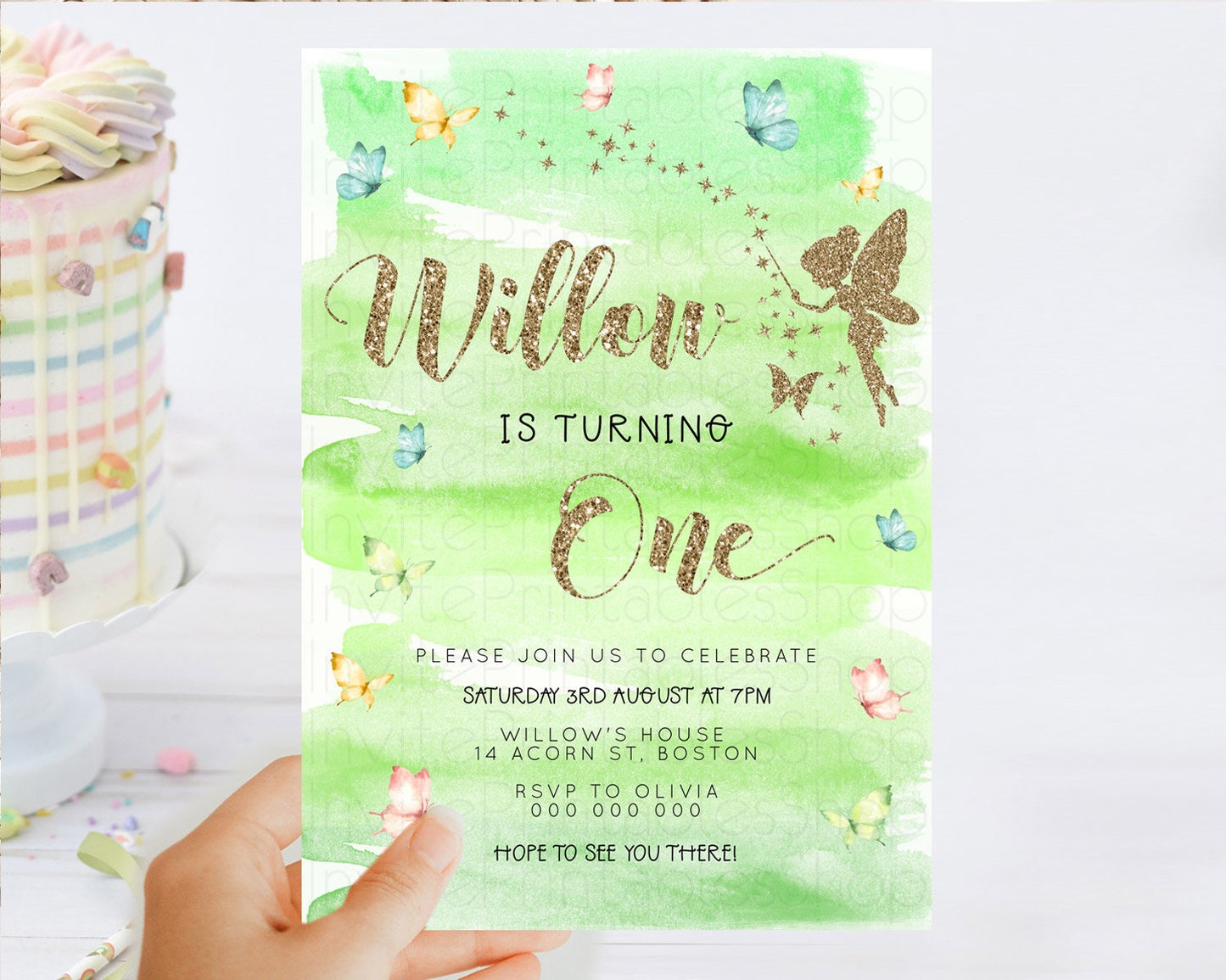 Pastel Fairy Birthday Invitation Pastel Butterflies Fairy Birthday Invitation Rainbow Ombre Watercolor 1st 2nd Birthday Invitation D23328