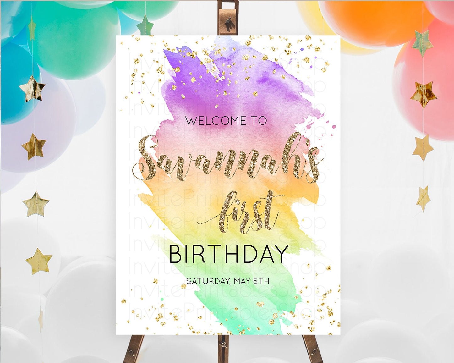 Pastel Welcome Sign Pastel Rainbow Welcome Sign Colorful Rainbow Confetti Watercolor Glitter Pastel First Birthday Welcome Sign D10517