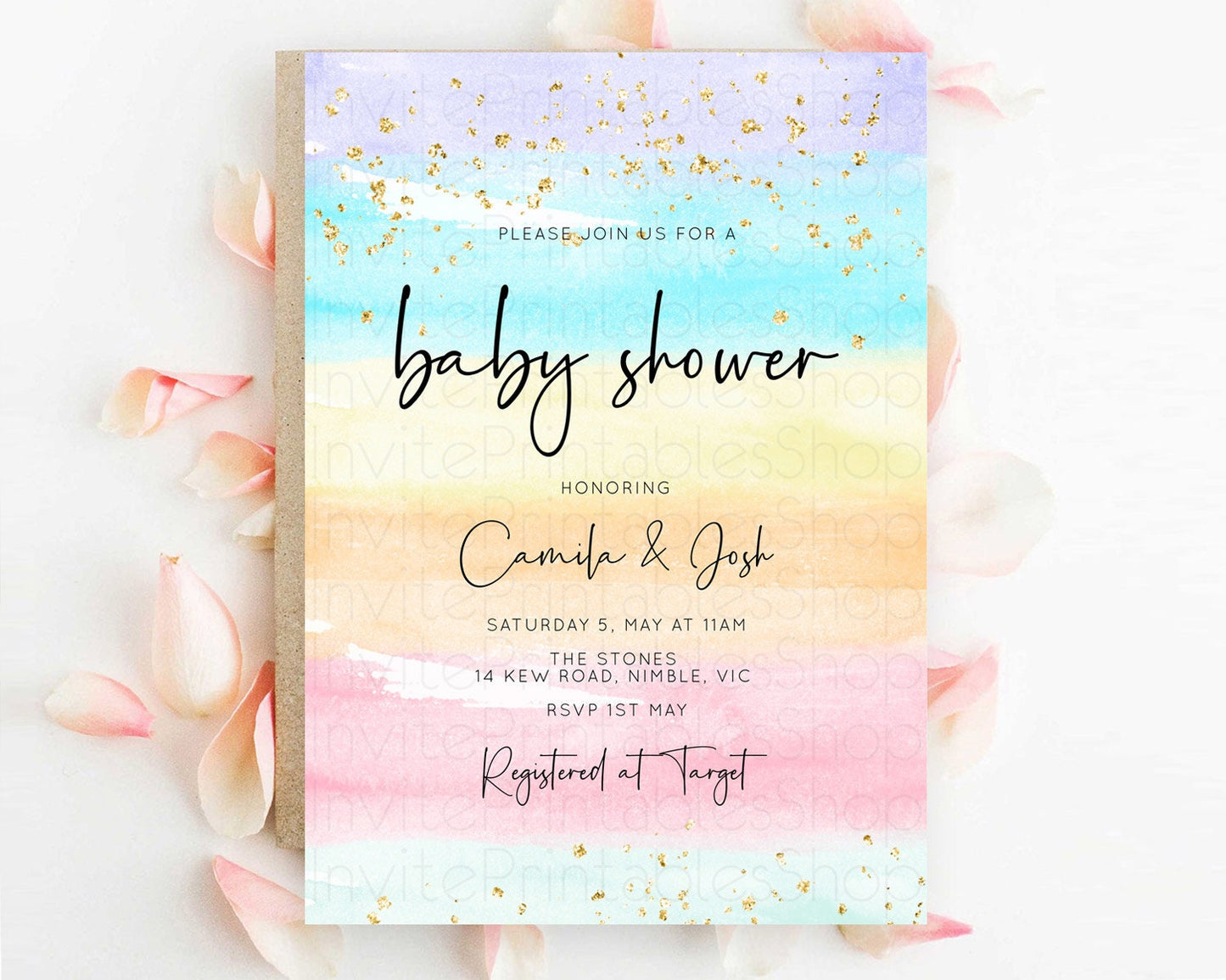 Pastel Baby Shower Invitation Rainbow Baby Shower Invitation Colorful Pastel Watercolor Invitation Gold Glitter Sprinkles Ombre D10505