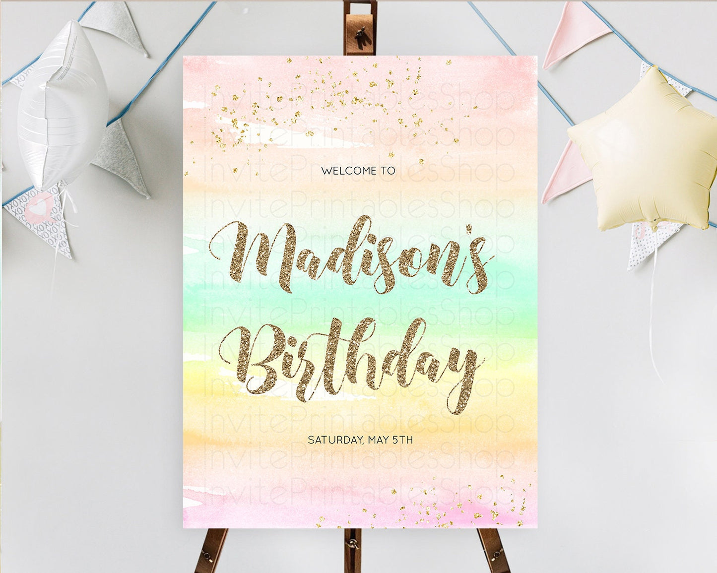 Pastel Welcome Sign Pastel Rainbow Welcome Sign Colorful Rainbow Confetti Watercolor Glitter Pastel First Birthday Welcome Sign D10592