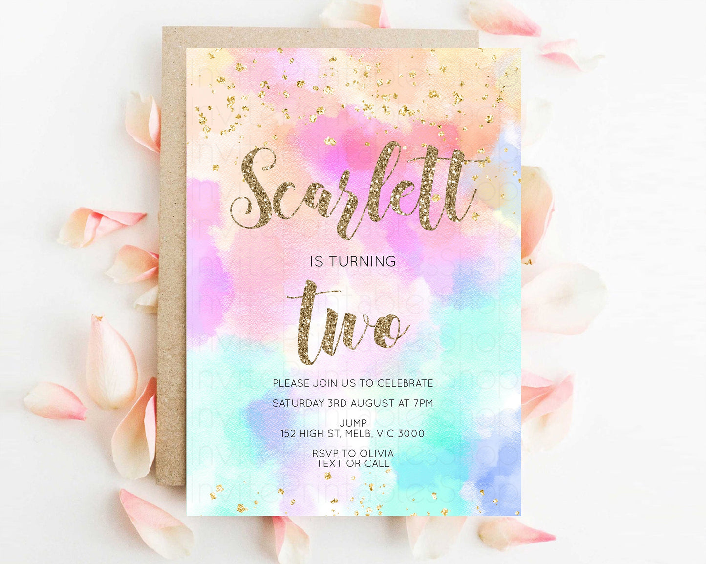 Rainbow Birthday Invitation Pastel Birthday Invite Ombre Watercolor Invite Enchanted Theme Colorful Splash Glitter Sprinkles 1st 2nd 3rd