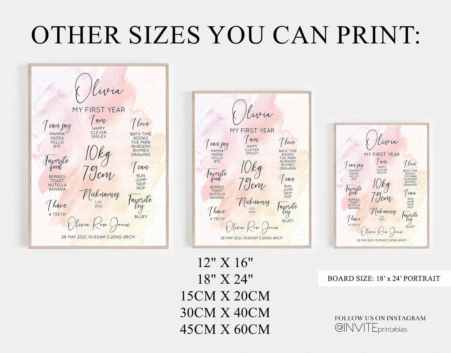Watercolor Pink Baby Milestone Board First Birthday Poster Welcome Board 1st Birthday Baby Keepsake Milestone Sign Paint Splash Ombre 145