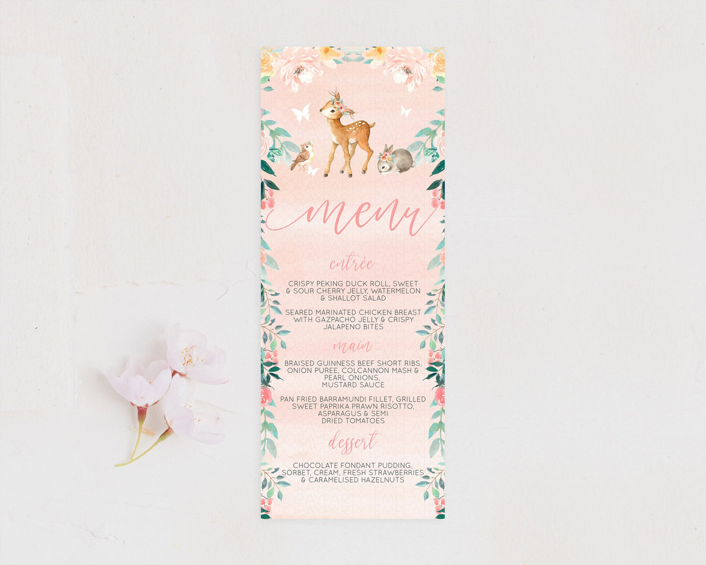 Fawn Menu Deer Menu Template Pastel Floral Deer Table Decor Enchanted Forest Butterfly Floral Dinner Dessert Menu Party Food Menu D10921